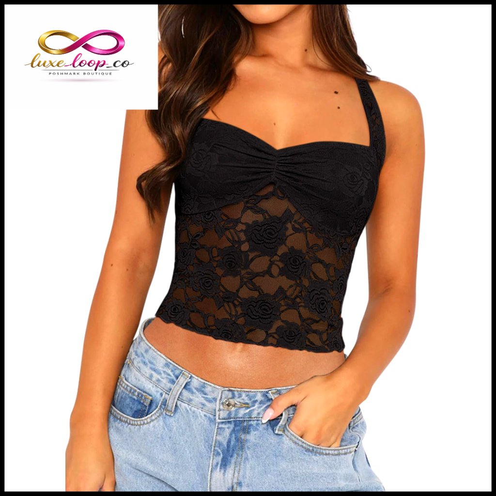 Lace Halter Crop Top With Adjustable Straps, Lined Bust, Ruched Detailing